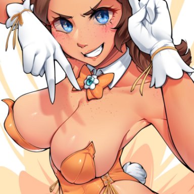 mario (series), nintendo, princess daisy, dracksart, 1girls, big breasts, blue eyes, blush, blushing at viewer, brown hair, bunny ears, bunny girl, bunny tail, bunnysuit, cleavage