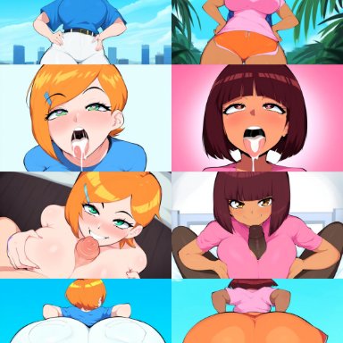 ben 10, cartoon network, dora the explorer, nickelodeon, nickjr, warner brothers, dora marquez, gwen tennyson, mullon, 2boys, 2girls, after oral, aged up, ahe gao, ass