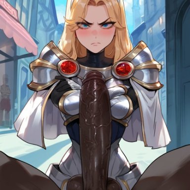 league of legends, luxanna crownguard, angry, big penis, blue eyes, blue hair, dark penis, dark-skinned male, justgens, light-skinned female, male, penis, pov, ai generated