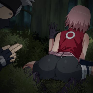 naruto, naruto (series), naruto shippuden, hatake kakashi, sakura haruno, noxdsa, 1boy, 1girls, adult, against tree, age difference, ass, ass focus, behind tree, being watched