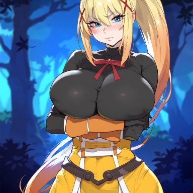 darkness (konosuba), floox, thiccwithaq (ai style), 1girls, blonde hair, blue eyes, breasts, female, hips, huge breasts, light skin, light-skinned female, long hair, thick thighs, thighs