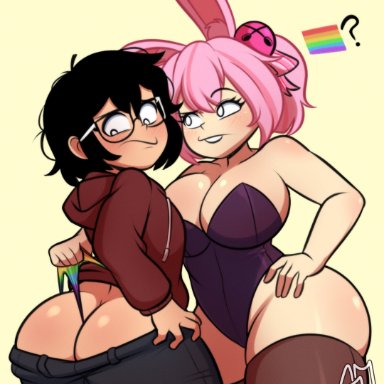 oc, self insert, semifemboi (semidraws), semidraws, 1boy, 1girls, ass cleavage, big ass, big breasts, black hair, blushing, bubble butt, buckteeth, bulge, bunny ears