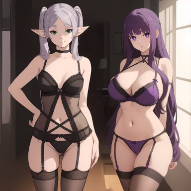 frieren beyond journey's end, sousou no frieren, fern (sousou no frieren), frieren, 2girls, big breasts, black lingerie, black thigh highs, black thighhighs, curvy, curvy figure, elf, elf ears, elf female, elf girl