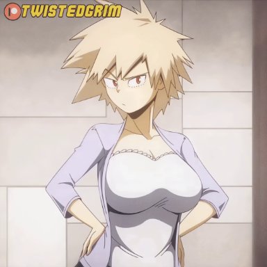 my hero academia, patreon, shounen jump, mitsuki bakugou, twistedgrim, 1girls, alternate breast size, areolae, black hair, blonde hair, bouncing breasts, breast hold, breasts, breasts out, breasts squeezed together