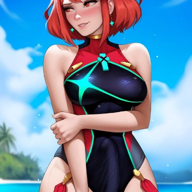 xenoblade (series), xenoblade chronicles 2, pyra, pyra (pro swimmer) (xenoblade), pyra (xenoblade), robofun, 1futa, arm grab, biting lip, blush, bulge, erection under clothes, futanari, hand on own arm, holding own arm