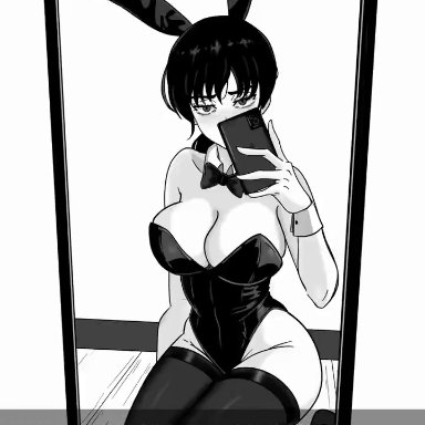 chainsaw man, mitaka asa, yoru (chainsaw man), gato gratam, 1girls, animal ears, black leotard, blush, bow, bowtie, breasts, bunny ears, bunnysuit, cellphone, detached collar