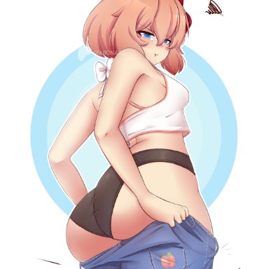 doki doki literature club, raionart, 1girls, ass, ass focus, blue eyes, bow, female, female only, hair between eyes, hair ornament, hairbow, jeans, light skin, light-skinned female