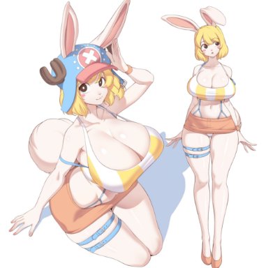 one piece, carrot (one piece), cervina7 (artist), evenesko.d.fox (artist), :3, 1girls, animal ears, belly button, big breasts, blonde hair, blush, brown eyes, ears through headwear, female, female only