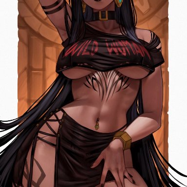 the road to el dorado, chel, inspyart, 1girls, arm tattoo, arm up, bangs, belly button, belly button piercing, big breasts, black fingernails, black hair, black leggings, black lips, black lipstick