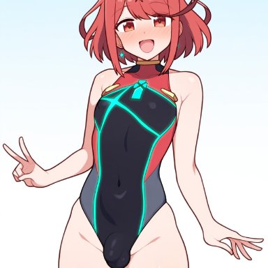 xenoblade chronicles 2, pyra, pyra (pro swimmer) (xenoblade), pyra (xenoblade), robofun, blush, bulge, femboy, flat chest, nsfw, one-piece swimsuit, otoko no ko, puffy breasts, sissy, smile