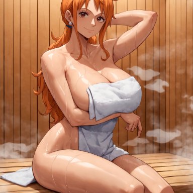 one piece, nami, nami (one piece), alex-schura, 1girls, arm behind head, arm under breasts, armpits, bangs, bare shoulders, bath, bathing, big breasts, blush, breast hold