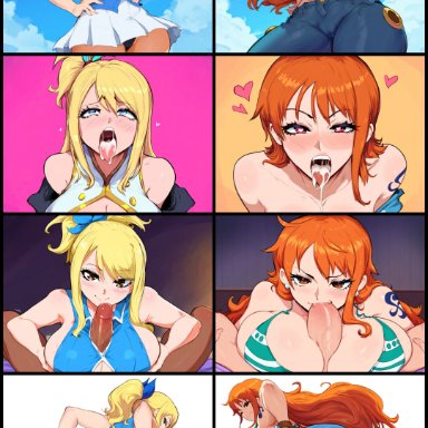 fairy tail, one piece, lucy heartfilia, nami, mullon, 2boys, 2girls, after oral, ahe gao, big ass, bikini top, blonde hair, blue shirt, boobjob, bubble butt