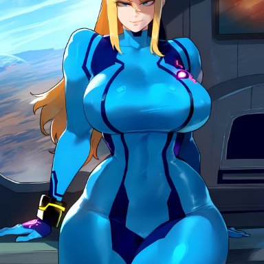 metroid, nintendo, samus aran, sinderellaart, 1girls, ass, breasts, huge ass, huge breasts, light-skinned female, ai generated