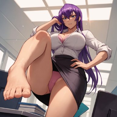 highschool of the dead, saeko busujima, alex-schura, 1girls, arms behind head, bangs, bare legs, bare thighs, barefoot, big breasts, blue eyes, bra, breasts, cleavage, clenched teeth