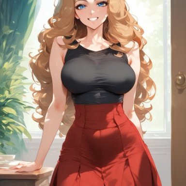 pokemon, serena (pokemon), papukun, 1girls, blonde hair, bust, clothed, female focus, looking, mature, milf, skirt, smile, solo, stockings