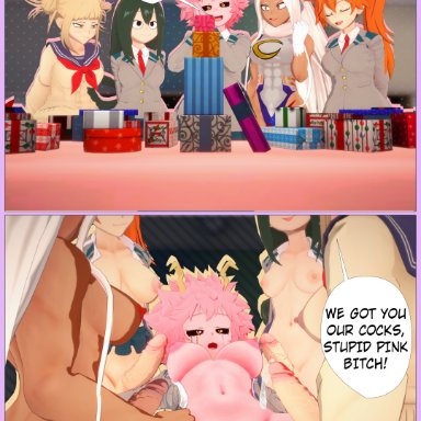 boku no hero academia, my hero academia, himiko toga, itsuka kendou, mina ashido, miruko, rumi usagiyama, tsuyu asui, prinmei, 1girls, 4futas, abs, after sex, black eyes, blonde hair