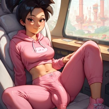 futurama, amy wong, makychan, 1futa, balls, bulge, bulge through clothing, crop top, dickgirl, erection, erection under clothes, fully clothed, futa only, futanari, hoodie