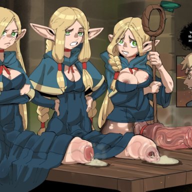 delicious in dungeon, dungeon meshi, laios touden, marcille donato, streachybear, 3futas, balls, bottomless, breasts, clothed, clothing, doppelganger, elf, erection, futa focus