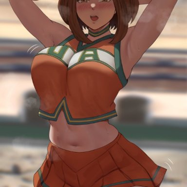 my hero academia, ochako uraraka, oroborusart, savagexthicc, 1girls, armpits, arms above head, bare midriff, breasts, brown eyes, brown hair, cheerleader, cheerleader uniform, choker, collar