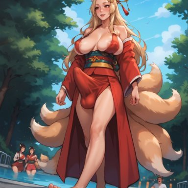 high school dxd, yasaka (high school dxd), kexonik, 1futa, animal ears, areola, areola slip, areolae, areolae slip, breasts, bulge, bulge through clothing, bursting breasts, candid, erect