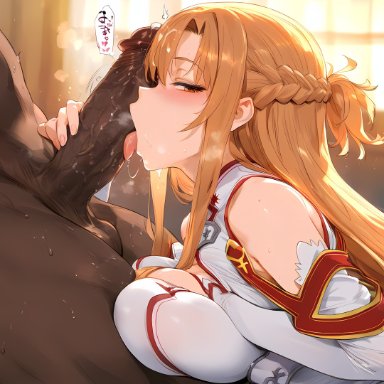 sword art online, yuuki asuna, nakatori, 1boy, 1girls, bangs, bare shoulders, blush, braid, breast press, breasts, brown eyes, brown hair, clothed female nude male, clothing