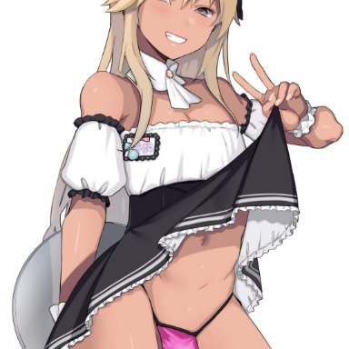 original, ae (aeiu4114), 1boy, bare shoulders, black bow, black thighhighs, blonde hair, bow, bulge, clothes lift, cowboy shot, crossdressing, dark skin, dark-skinned male, detached collar