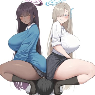 blue archive, asuna (blue archive), karin (blue archive), kemomimimof (narodenden), 1boy, 2girls, big breasts, blue eyes, blush, blushing at viewer, breasts, clothed, clothed female, clothed male, dark skin