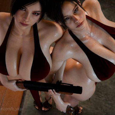 biohazard, resident evil, resident evil 2, resident evil 2 remake, ada wong, ada wong (adriana), claire redfield, claire redfield (jordan mcewen), babayaga0f, 2girls, above view, alternate body type, ass bigger than head, black hair, blue eyes