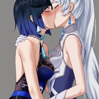 genshin impact, rwby, weiss schnee, yelan (genshin impact), crossover pairing, crossover ship, crossover shipping, hands on hips, holding partner, kissing, yuri, ai generated, crossover