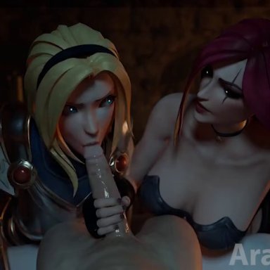 league of legends, league of legends: wild rift, katarina du couteau, luxanna crownguard, arawaraw, assisted fellatio, athletic female, blonde, blowjob, fellatio, ffm threesome, handjob, human, light-skinned male, male