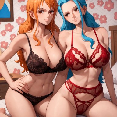 one piece, nami, nami (one piece), nefertari vivi, alex-schura, 2girls, asymmetrical docking, bangs, bare shoulders, bed, bent knees, black bra, black panties, black underwear, blue hair