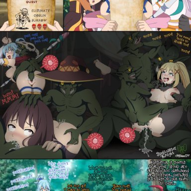 goblin slayer, goblin slayer!, aqua (konosuba), darkness (konosuba), goblin slayer (goblin slayer), megumin, satou kazuma, mbhen114, spellcaster knight, 3girls, after rape, after sex, after vaginal, ahe gao, anal