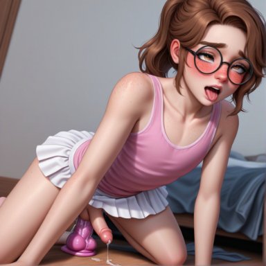 original, emily (lpyxel), original character, lpyxel, 1boy, 1femboy, brown eyes, brown hair, bushy eyebrows, crossed eyes, cum, cumming, cute, cute clothing, dildo