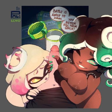 splatoon, splatoon (series), splatoon 2, inkling, inkling girl, marina (splatoon), octoling, octoling girl, pearl (splatoon), pokilewd, 1boy, 2girls, aqua eyes, aqua hair, ass