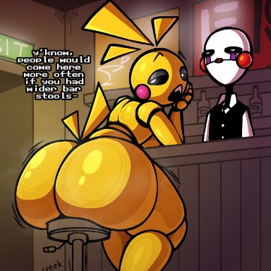 five nights at freddy's, five nights at freddy's 2, marionette (fnaf), puppet (fnaf), toy chica (fnaf), nanodude78, animatronic, ass, avian, bar, big butt, bird, black eyebrows, black sclera, blonde hair