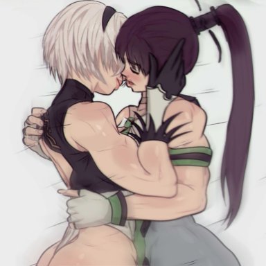 nier: automata, square enix, stellar blade, eve (stellar blade), yorha 2b, yoracrab, 2girls, asian, asian female, ass, biceps, black hair, bodysuit, female, female focus