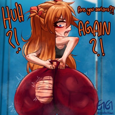 neon genesis evangelion, asuka langley sohryu, greatestgori, 1girls, annoyed, annoyed expression, ass, ass bigger than head, ass bigger than torso, ass focus, big ass, blue eyes, bottom heavy, bubble butt, clothing