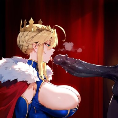 fate (series), fate/grand order, artoria pendragon, artoria pendragon (lancer), nakatori, 1boy, 1girls, ahoge, bangs, blonde hair, blue eyes, blush, braid, braided bun, breasts