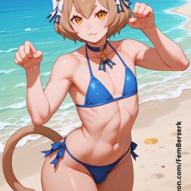 patreon, felix argyle, femberserk, :3, 1femboy, beach, better than girls, bikini, blue bikini, bow, brown hair, bulge, cat boy, cat ears, cat pose