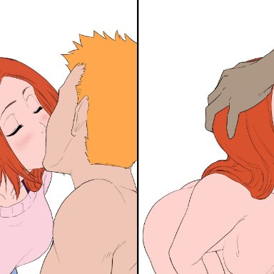 bleach, ichigo kurosaki, inoue orihime, iwao178, :&gt;=, 1girls, 2boys, before and after, blowjob, blush, breasts, canon couple, cheating, cheating wife, comparison