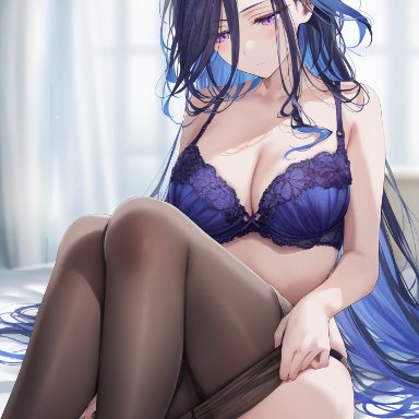 genshin impact, clorinde (genshin impact), 1girls, blue hair, bra, breasts, cleavage, female, garter straps, large breasts, panties, pantyhose, purple eyes, seductive, solo