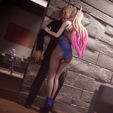 k/da all out series, k/da series, league of legends, k/da ahri, k/da all out evelynn, kaminakirei, 2boys, 2girls, ass, breasts, bunnysuit, crystal tail, female, femdom, fishnets