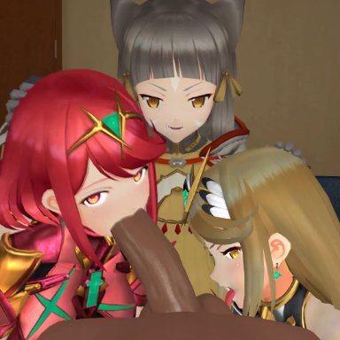 nintendo, xenoblade (series), xenoblade chronicles 2, mythra, nia, pyra, mr chazz80, 1boy, 3girls, ass, assisted fellatio, blonde hair, blowjob, cat ears, dark-skinned male