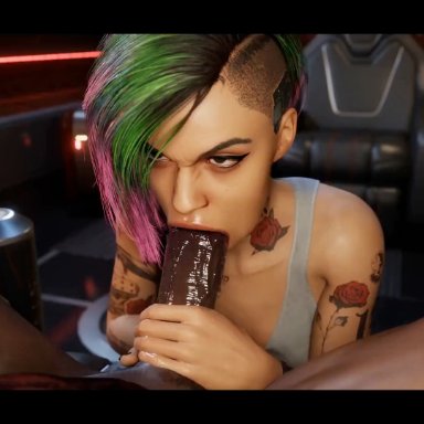 cd projekt red, cyberpunk 2077, judy alvarez, qoc (artist), 1boy, 1girls, blowjob, dark-skinned male, fellatio, female, handjob while sucking, human, interracial, oral, oral penetration