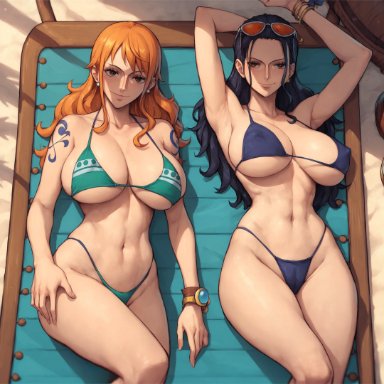 one piece, nami, nami (one piece), nico robin, alex-schura, 2girls, abs, armpits, arms up, bangs, bare shoulders, beach, beach chair, bikini, black hair