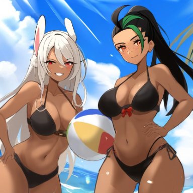 my hero academia, pokemon, pokemon sv, mirko, miruko, nemona (pokemon), rumi usagiyama, mullon, 2girls, beach, bikini, dark skin, dark-skinned female, female, female only