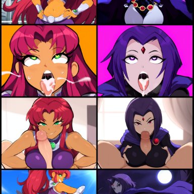 dc, dc comics, teen titans, warner brothers, koriand'r, rachel roth, raven (dc), starfire, mullon, 2boys, 2girls, after fellatio, after oral, ahe gao, alien