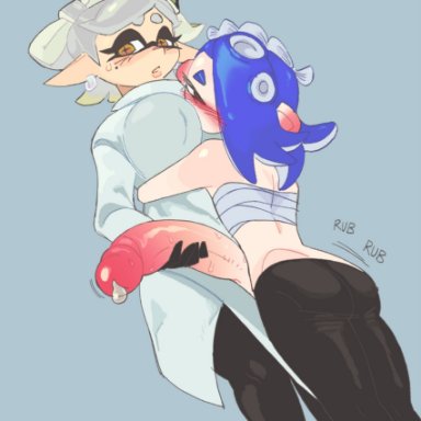 splatoon, marie (splatoon), shiver (splatoon), fantominus, 1futa, 1girls, clothed, clothing, cum drip, dripping cum, duo, erection, female, fully clothed, futa