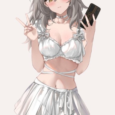 honkai (series), honkai: star rail, stelle (honkai: star rail), trailblazer (honkai: star rail), feint721, feintheart721, alternate costume, blush, blushing female, bra, breasts, brown eyes, brown eyes female, cellphone, choker