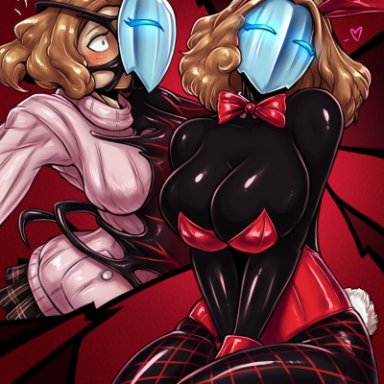 persona, persona 5, bunny waitress, haru okumura, shadow (persona), shadow waitress, spacen'cakes, auburn hair, blush, bowtie, brainwashed, brainwashing, breasts, bunny ears, bunny girl